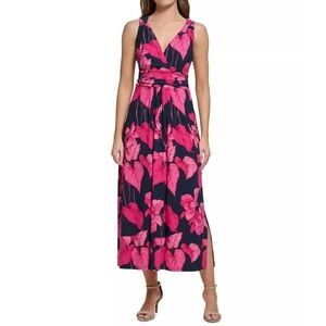 Tommy Hilfiger Black and Pink Floral Maxi Leaf Print Long Dress Women’s Size 16